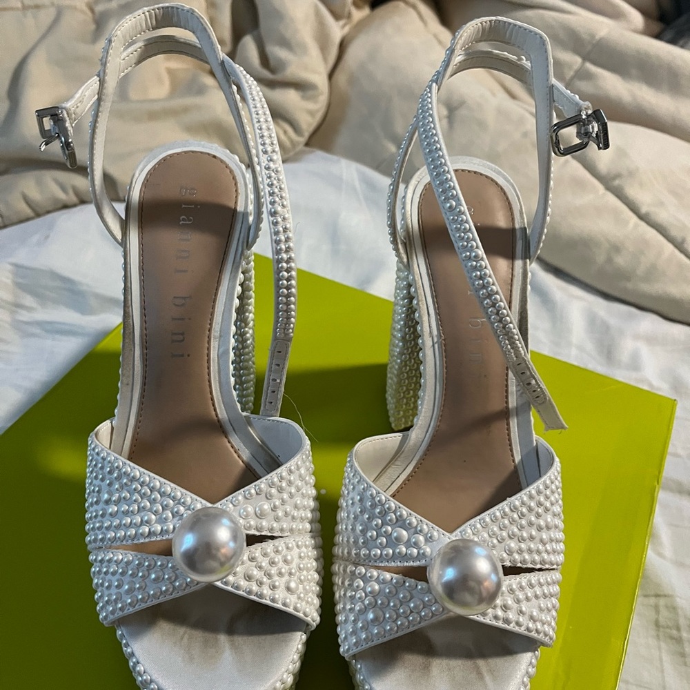 Pearl-Embellished Crystal Slingback Wedding Heels in White- Gianni Bini